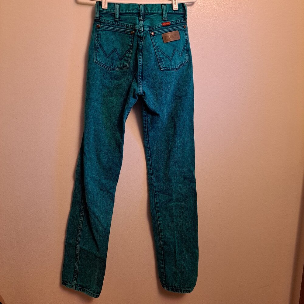 Vintage 1980s Wrangler High-Waisted Teal Acid-Wash Denim Jeans - Picture 2 of 9